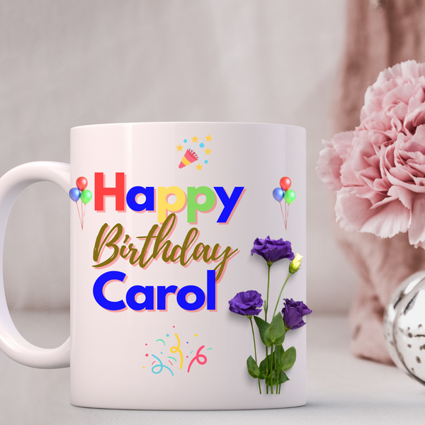 White ceramic mug with birthday design and text ‘Happy Birthday Squad’, displayed on a clean table surface.