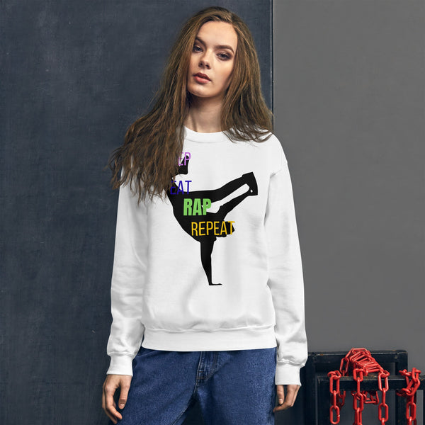 White sweatshirt with bold Rap Repeat graphic, part of the sweatshirts Collections