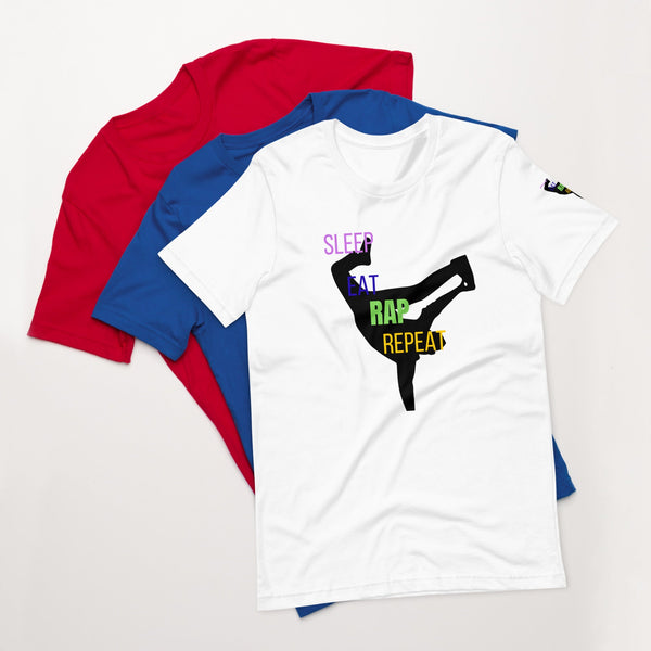 White graphic t-shirt with bold Rap Repeat design, part of the T-shirts Collections